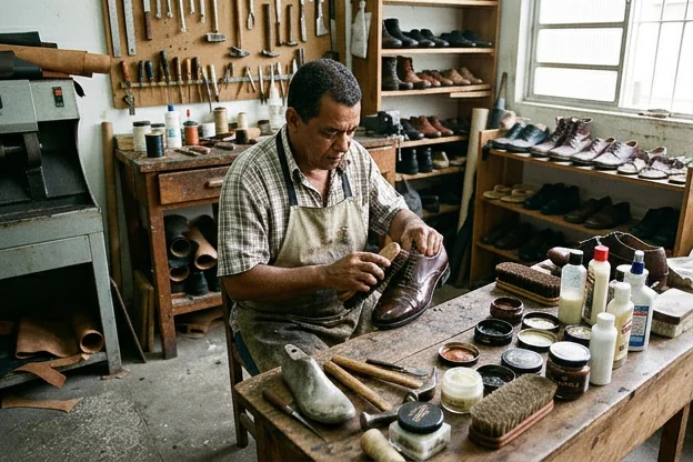 Calçados bem conservados com produtos de limpeza.