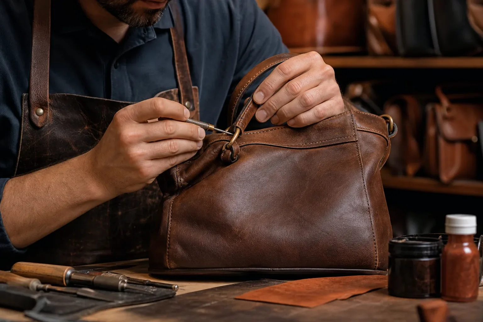 Profissional reformando uma bolsa de couro.
