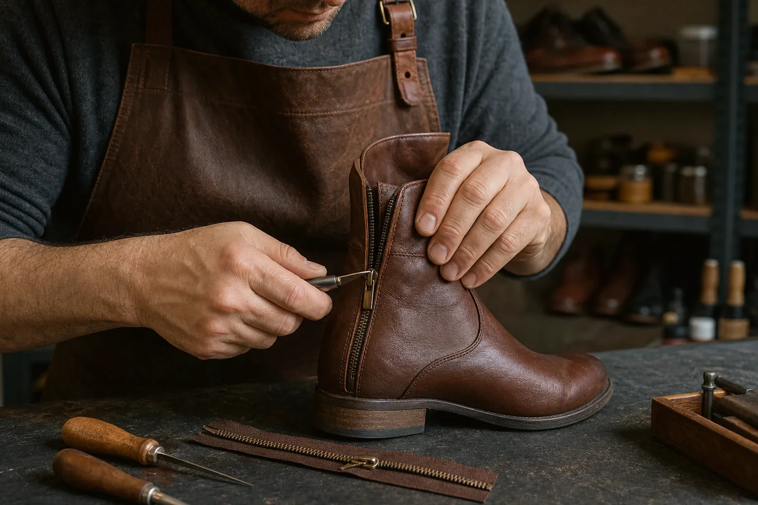 Técnico consertando o zíper de uma bota.